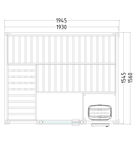 Massivholzsauna in der Ausstellung von MAG Wellnesskonzepte an der B2 zwischen Augsburg und München – Grundriss Modell Basic Medium