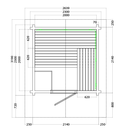 Gartensaunen in der Ausstellung von MAG Wellnesskonzepte an der B2 zwischen Augsburg und München – Grundriss Modell Country