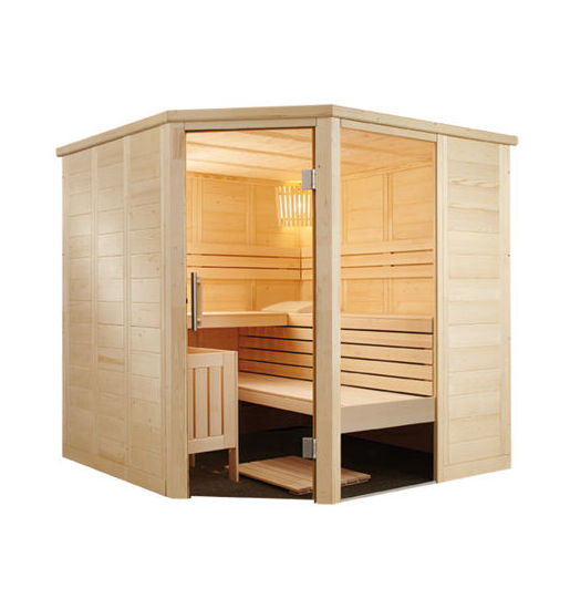 Massivholzsaunen im Angebot von MAG Wellnesskonzepte – Modell Alaska Corner – Saunaausstellung bei Augsburg