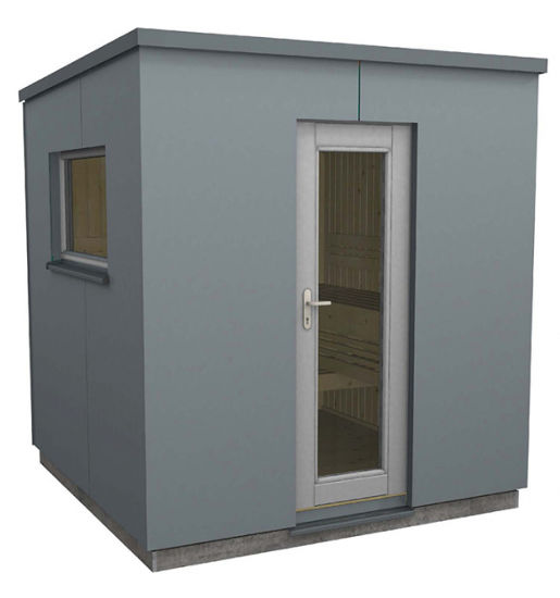 Gartensauna Luna 1 – mit HPL-Platten – bei MAG Wellnesskonzepte, dem Saunaspezialist für Berlin und Brandenburg