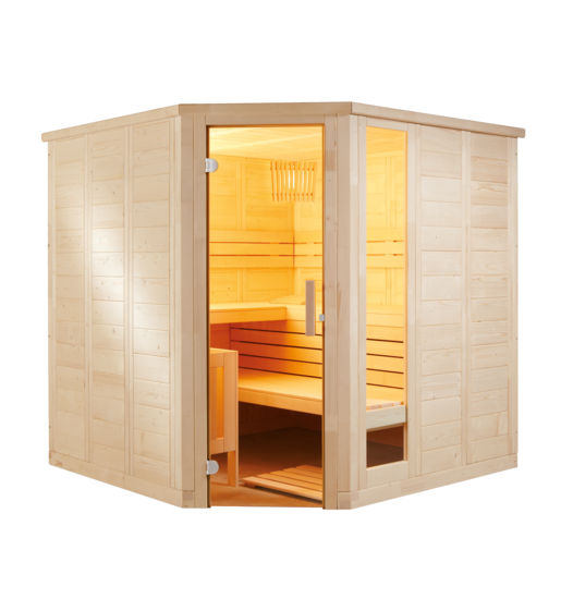 Massivholzsaunen im Angebot von MAG Wellnesskonzepte – Modell Komfort Corner – Saunaausstellung bei Augsburg